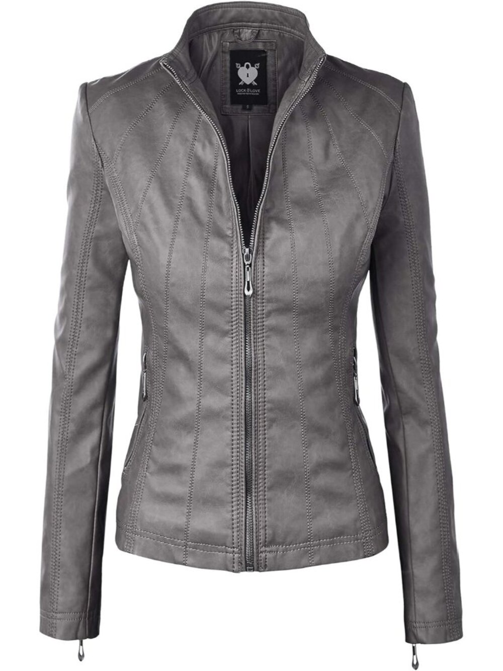 Womens Dark Grey Solid Faux Leather Slim Fit Panelled Vegan Classic Biker Jacket